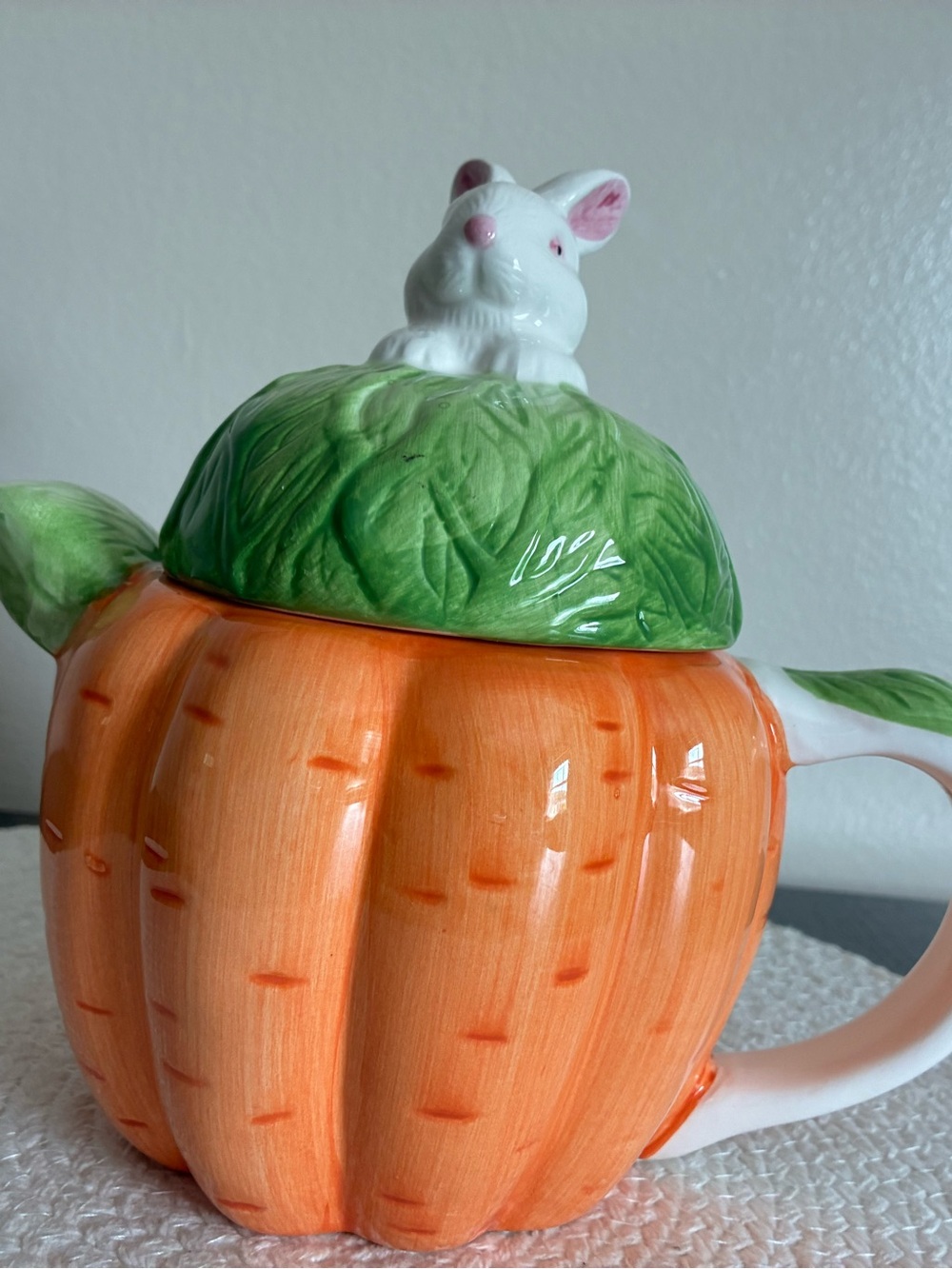 Ceramic Orange Pumpkin Teapot with Green Leaf Lid and White Bunny